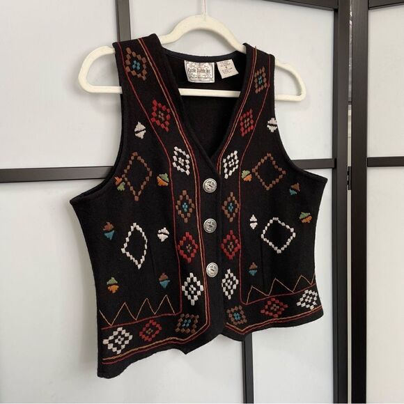 [m] Vintage Razzle Dazzle Black w/ Colourful Embroidery Wool Button-Down Vest - Picture 3 of 11